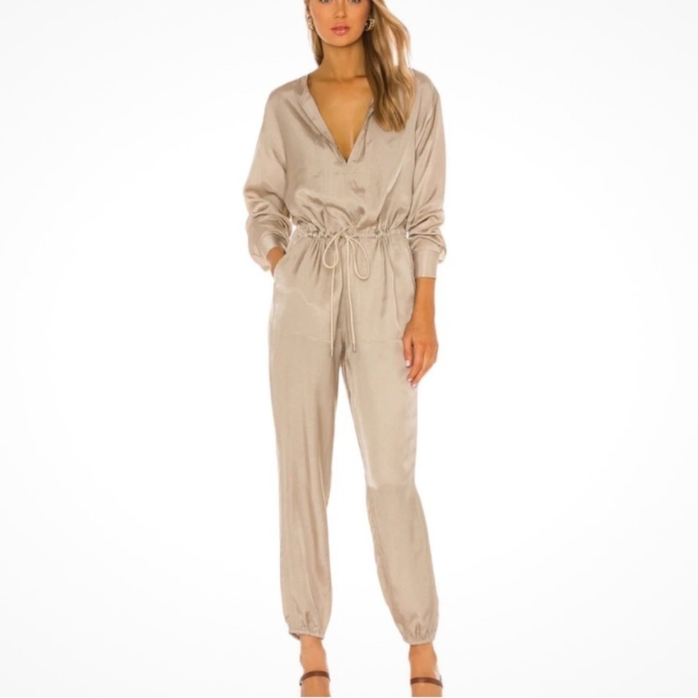 ATM Micro Twill Jogger Jumpsuit Small Willow Bark Romper One Piece Beige